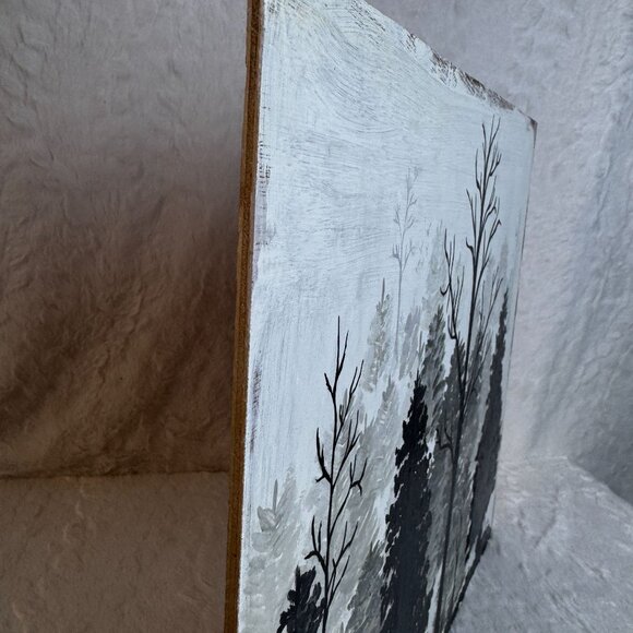 Hand-Painted Forest Landscape On Wooden Board Silhouette Misty Morning - Picture 3 of 4